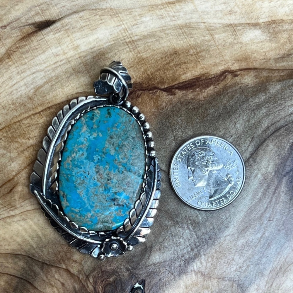 Boho South Western Fern Leaf Sterling Silver & Turquoise Large Pendant 🌿 - Picture 12 of 13